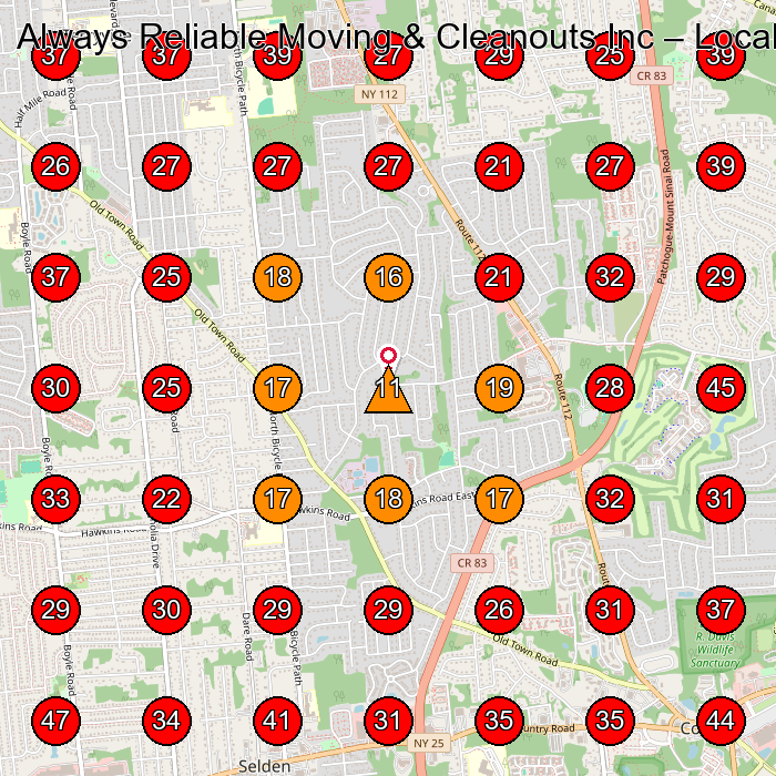 Always Reliable Moving & Cleanouts Inc GeoGrid visibility map for House Cleaning Service in Selden